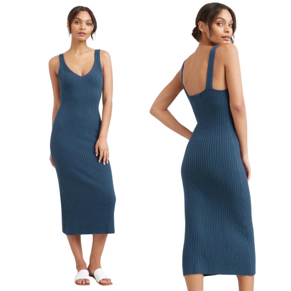 Modern Citizen $135  Yuna V-Neck Ribbed Tank Column Midi Dress Teal Blue Large